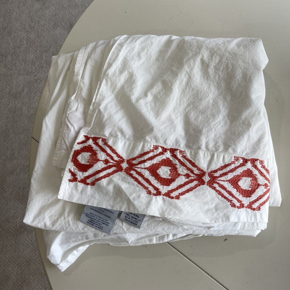 Williams Sonoma Home Italian Cal King Top Sheet White Embroidered Trim Cotton
